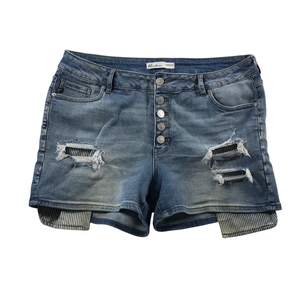 KanCan Maurices Distressed Button Fly Denim Shorts Blue Striped Backing 14